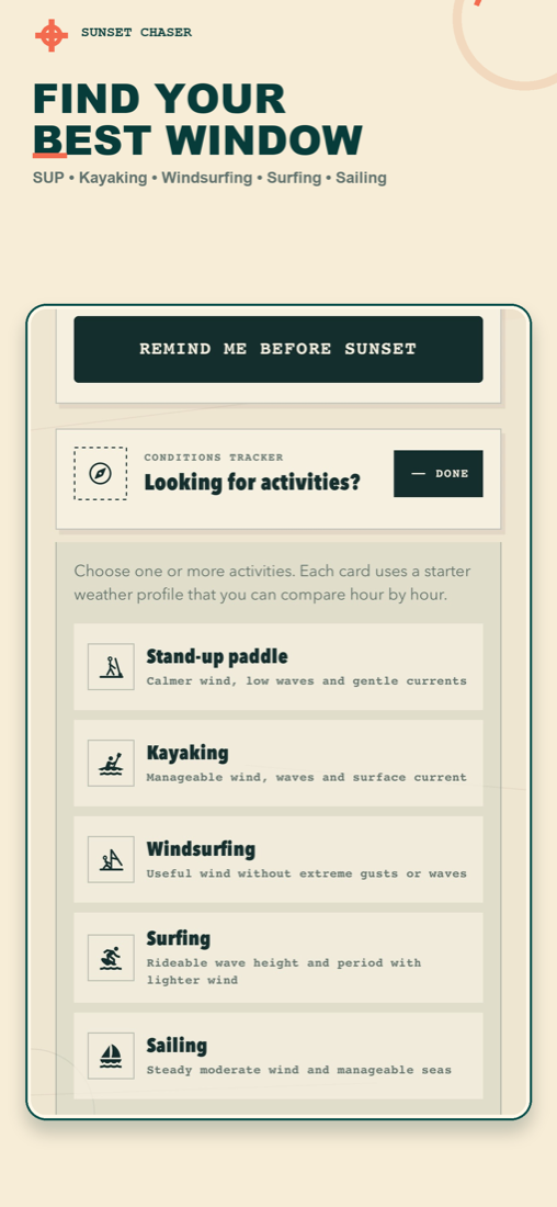 Sunset Chaser activity selector for paddleboarding, kayaking, windsurfing, surfing, and sailing