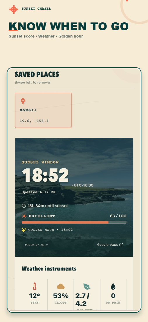 Sunset Chaser forecast showing sunset time, quality score, golden hour, and weather